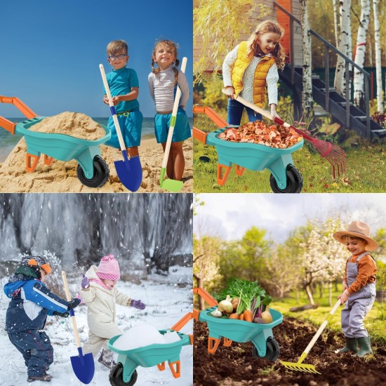 Kinder-Gartenset mit Schubkarre, Gartengeräte aus echtem Metall für Kinder im Alter von 3–8 Jahren, 4 Werkzeuge mit langem Griff, 3 Handwerkzeuge, Handschuhe, 5 Aufkleber, Handbuch, Outdoor-Hinterhofspielzeug als Geschenk für Kleinkinder