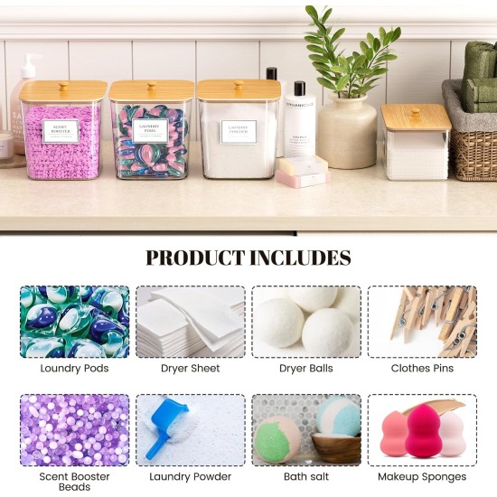 Aufbewahrungsbehälter für Wäschekapseln, übersichtliche Organisation und Lagerung im Waschraum, Behälter für Waschmittelpulver, mit Holzdeckeln und Etiketten, 3 + 1 Packung