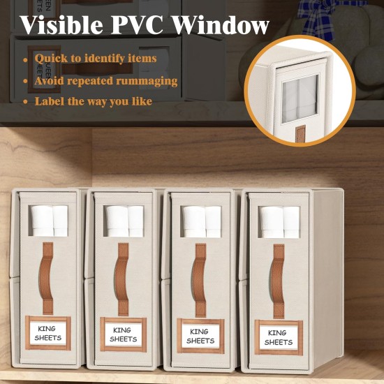4er-Pack faltbare Bettwäsche-Sets, Organizer und Aufbewahrung (King- und Queen-Size-Größe), Schrank-Organizer aus Leinenstoff mit Fenster, faltbare Bettwäsche-Aufbewahrungsbox für Bettwäsche und Kissenwürfel-Organizer, Beige