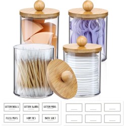 4er-Pack Qtip-Halter-Spender mit Bambusdeckeln – 10 oz durchsichtige Apothekergläser aus Kunststoff für die Aufbewahrung von Schmink- und Make-up-Organizern – Badezimmerzubehör-Set für Wattestäbchen, Ball, Pads, Zahnseide