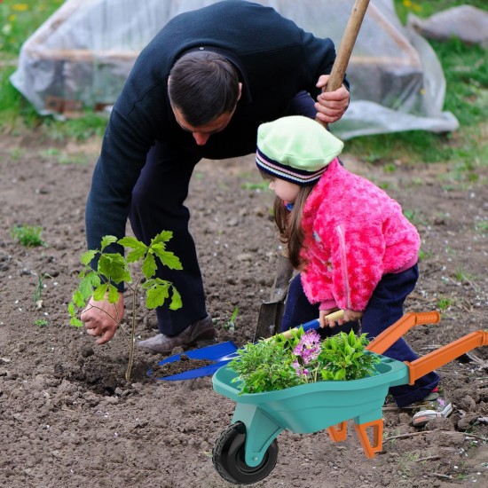 Kinder-Gartenset mit Schubkarre, Gartengeräte aus echtem Metall für Kinder im Alter von 3–8 Jahren, 4 Werkzeuge mit langem Griff, 3 Handwerkzeuge, Handschuhe, 5 Aufkleber, Handbuch, Outdoor-Hinterhofspielzeug als Geschenk für Kleinkinder