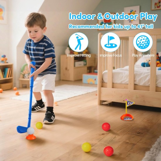 PJG Golf-Set für Kleinkinder, Kunststoff-Golfschläger für Kinder im Alter von 1 2 3 4 5 Jahren mit 4 Golfschlägern und 10 Bällen, Golfspielzeug für Kleinkinder im Innen- und Außenbereich mit Wagen für Jungen und Mädchen zum Geburtstag (blau)
