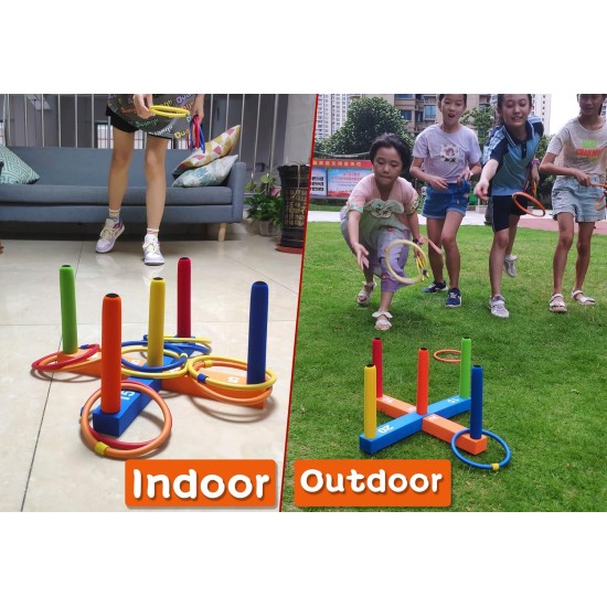 Ringwurfspiel für Kinder, Indoor- und Outdoor-Spiel für Familien und Erwachsene mit 5 Stangen, 2 Basen und 16 Ringen in 4 Farben, weiches Schaumstoffspielzeug für Kinder-Ringwurfspaß im Hinterhof