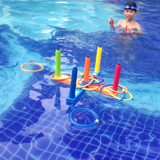 Ringwurfspiel für Kinder, Indoor- und Outdoor-Spiel für Familien und Erwachsene mit 5 Stangen, 2 Basen und 16 Ringen in 4 Farben, weiches Schaumstoffspielzeug für Kinder-Ringwurfspaß im Hinterhof