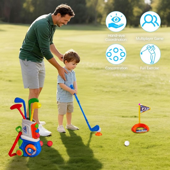 PJG Golf-Set für Kleinkinder, Kunststoff-Golfschläger für Kinder im Alter von 1 2 3 4 5 Jahren mit 4 Golfschlägern und 10 Bällen, Golfspielzeug für Kleinkinder im Innen- und Außenbereich mit Wagen für Jungen und Mädchen zum Geburtstag (blau)