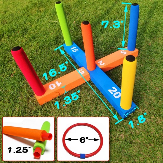 Ringwurfspiel für Kinder, Indoor- und Outdoor-Spiel für Familien und Erwachsene mit 5 Stangen, 2 Basen und 16 Ringen in 4 Farben, weiches Schaumstoffspielzeug für Kinder-Ringwurfspaß im Hinterhof